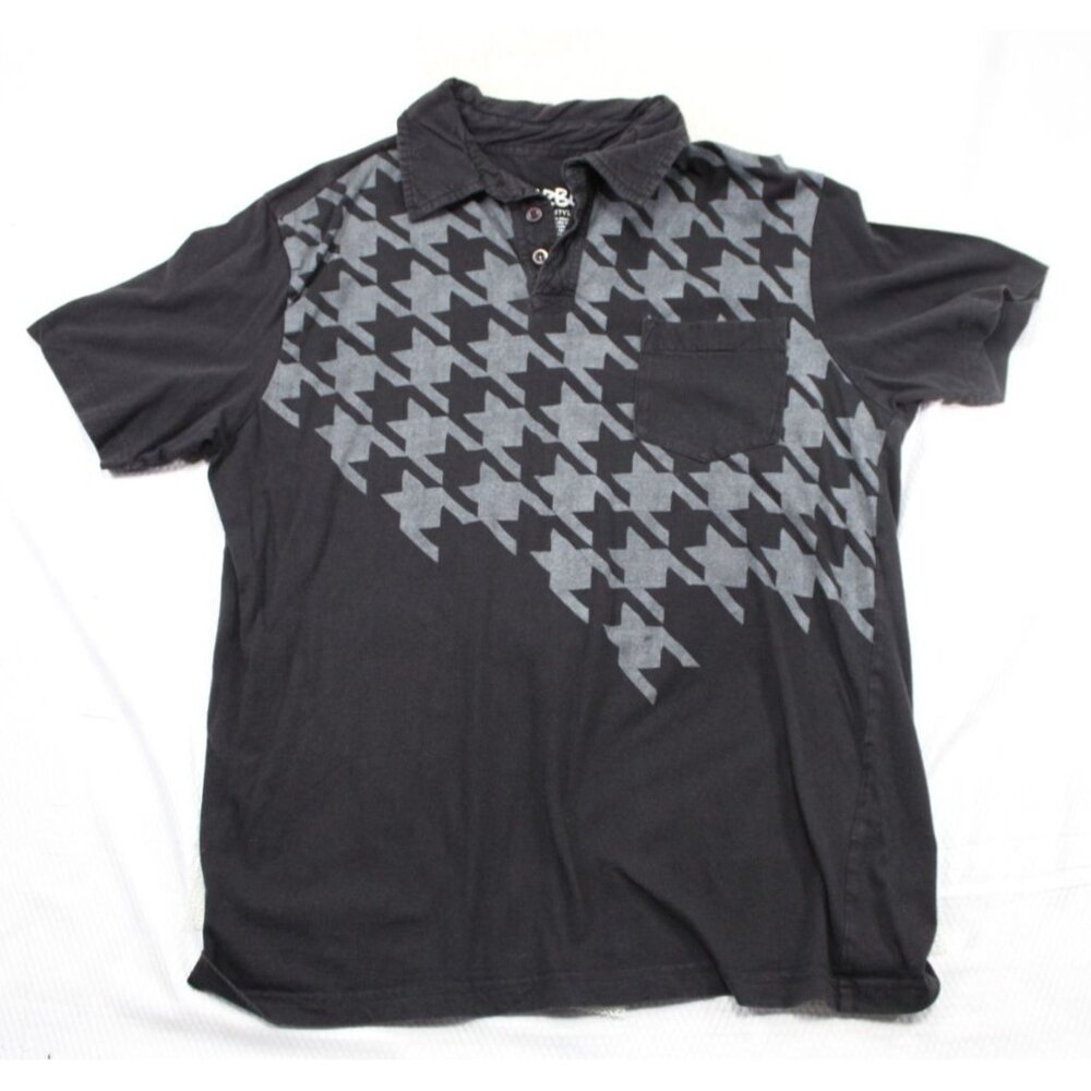 Carbon Mens Houndstooth Stars Polo Shirt Large Cotton Black & Gray